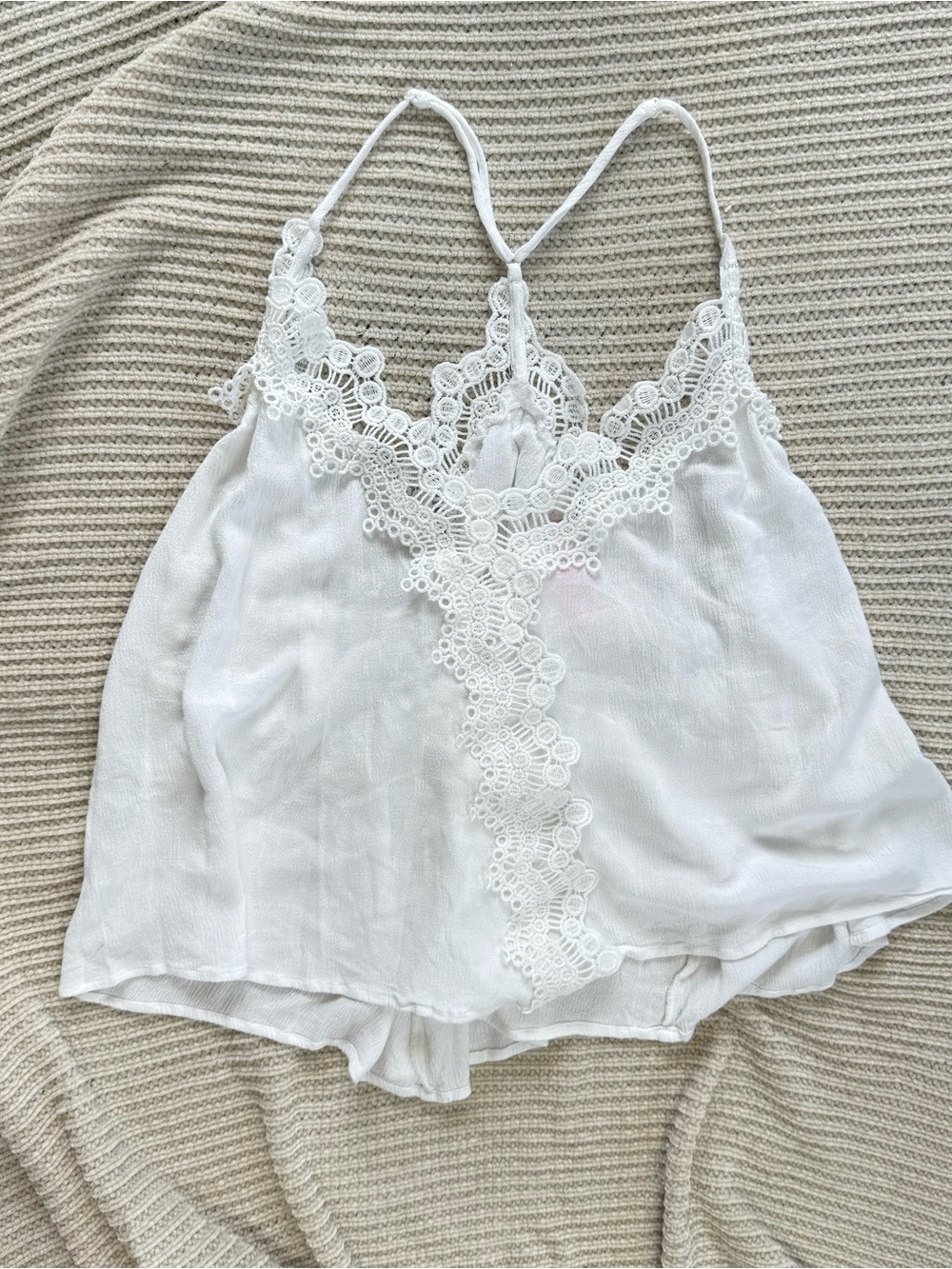 Tera's Threads White Crochet Lace Cami Tank Top Boho Gauze Racerback Strappy S